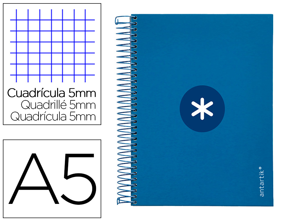 CAHIER SPIRALE ANTARTIK A5 14,8X21CM 240P 90G/M2 5X5MM 6 TROUS COIL-LOCK COLORIS BLEU  MARINE