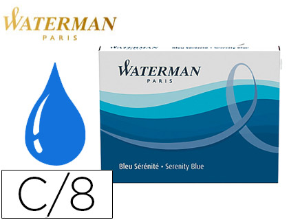 WATERMAN boîte de 8 cartouches longues, couleur Bleu Sérénité effaçable  pour Stylo plume