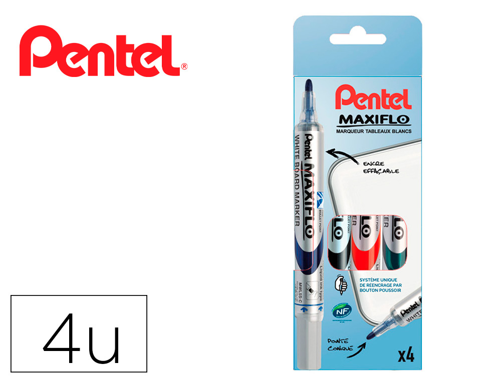 Enseigne Rouge Papier  MARQUEUR PENTEL MAXIFLO EFFAÇABLE TABLEAU BLANC  POINTE CONIQUE TRACÉ 1,6MM ÉCRITURE 1000M CORPS PLASTIQUE RECYCLÉ 4U