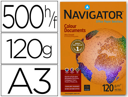 PAPIER NAVIGATOR MUTLIFONCTION COLOUR DOCUMENTS A3 120G/M2 BLANCHEUR 169 OPACIT 98 RIGIDIT 50 500 FEUILLES