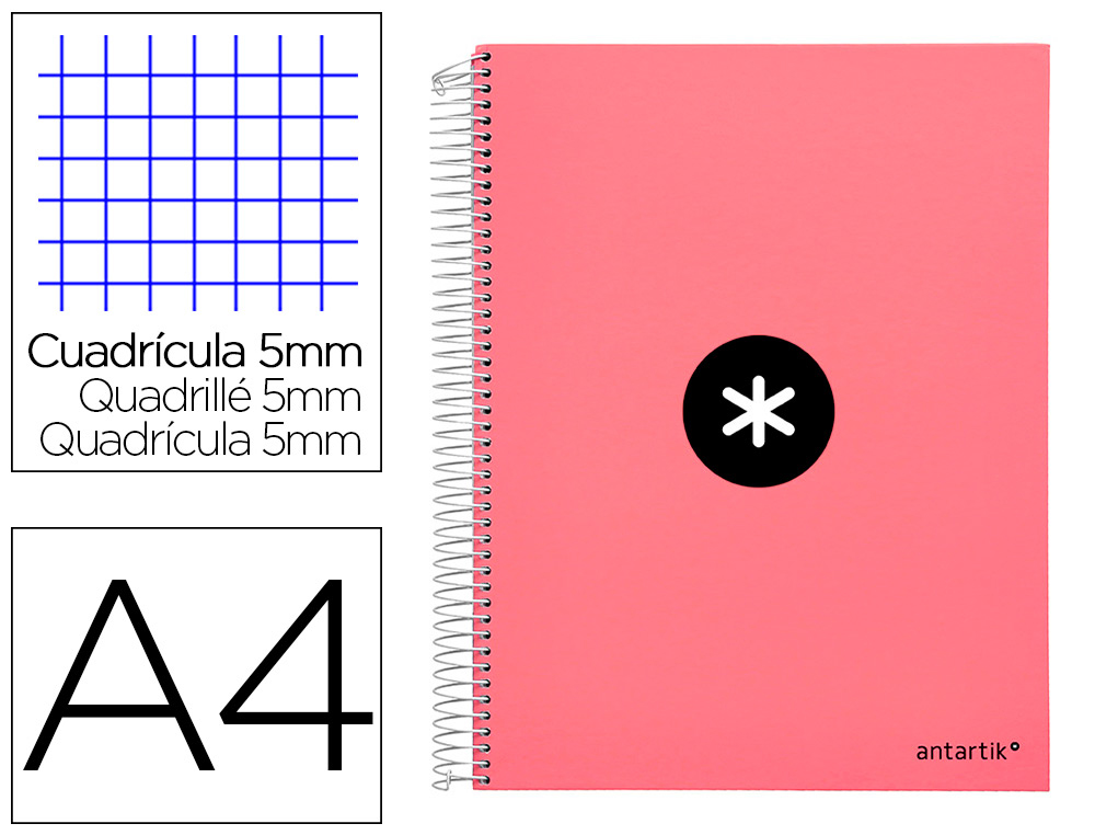 CAHIER SPIRALE LIDERPAPEL ANTARTIK A4 240P 100G REMBORD QUADRILLAGE 5MM MICROPERFOR 5 BANDES 4 TROUS COLORIS CORAIL