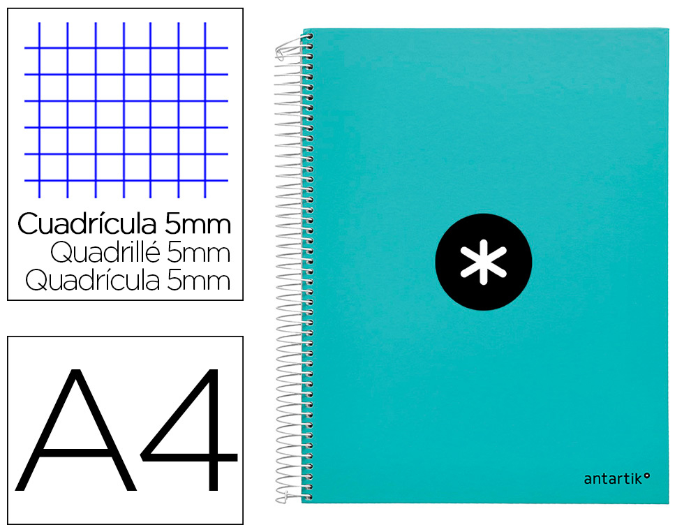 CAHIER SPIRALE LIDERPAPEL ANTARTIK A4 240P 100G REMBORD QUADRILLAGE 5MM MICROPERFOR 5 BANDES 4 TROUS COLORIS MENTHE