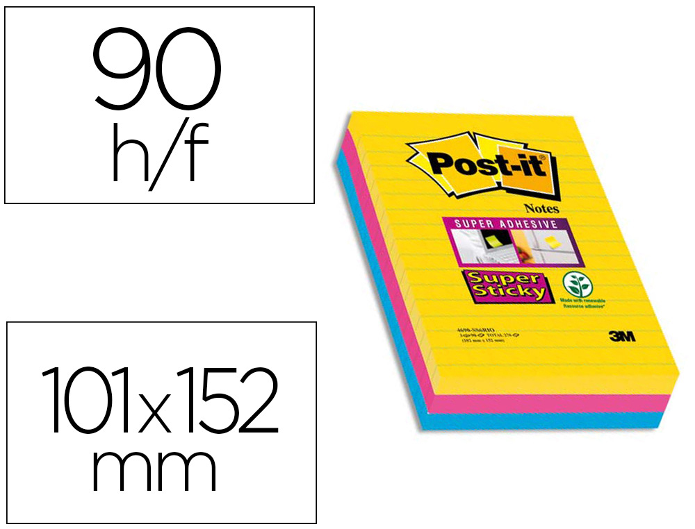 Bloc-notes couleurs assortis lignées Post-It 102 x 152 mm