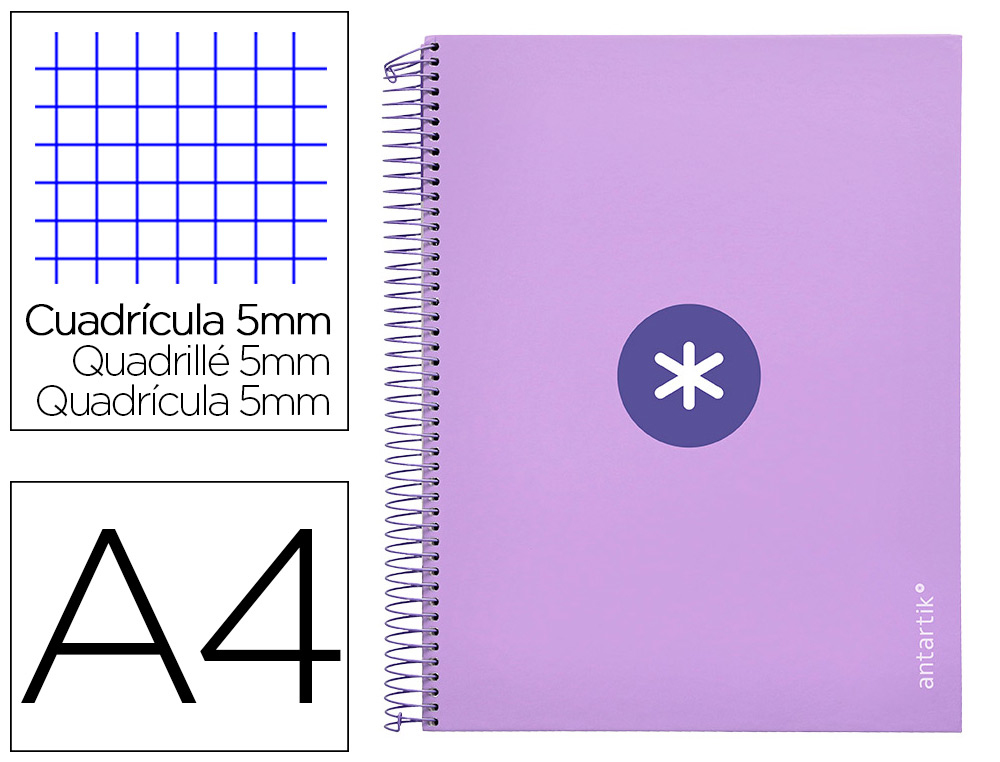 CAHIER SPIRALE LIDERPAPEL ANTARTIK A4 240P 100G REMBORD QUADRILLAGE 5MM MICROPERFOR 5 BANDES 4 TROUS COLORIS LAVANDE