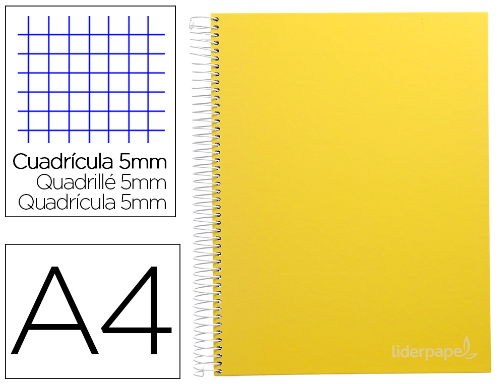 CAHIER SPIRALE LIDERPAPE JOLLYCOUVERTURE CONTRECOLLE A4 280P 75G/M2 5X5MM MICROPERFOR 4 TROUS COLORIS JAUNE
