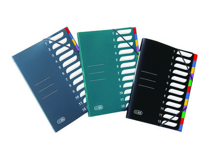 TRIEUR OXFORD POLYPROPYLNE A4+ 8 COMPARTIMENTS RIVET IMPRIM 3 RABATS LASTIQUE TIQUETTE DOS COLORIS NOIR 320X245MM