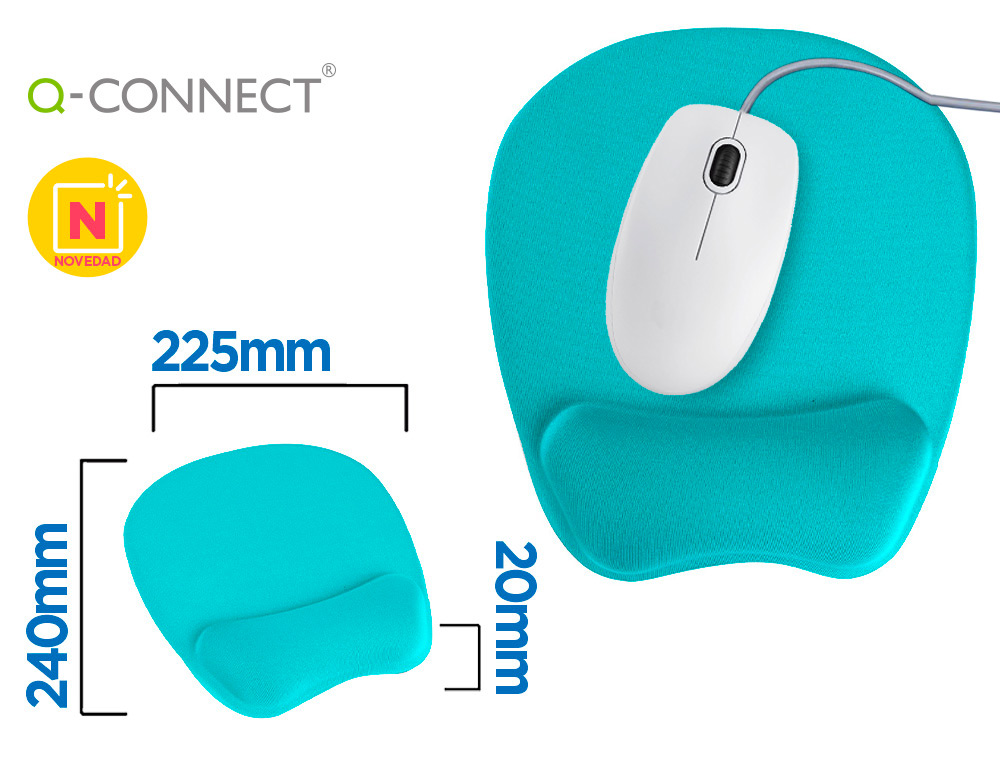 TAPIS SOURIS Q-CONNECT REPOSE-POIGNET ERGONOMIQUE    MOUSSE GRAND CONFORT FACILEMENT NETTOYABLE COLORIS TURQUOISE