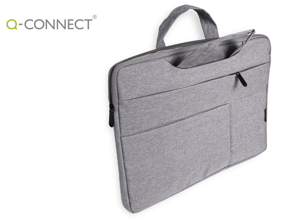 SACOCHE ORDINATEUR Q-CONNECT POIGNEES AMOVIBLES FERMETURE  ECLAIR COMPARTIMENTS EXTERIEURS 39X28X2CM GRIS CLAIR