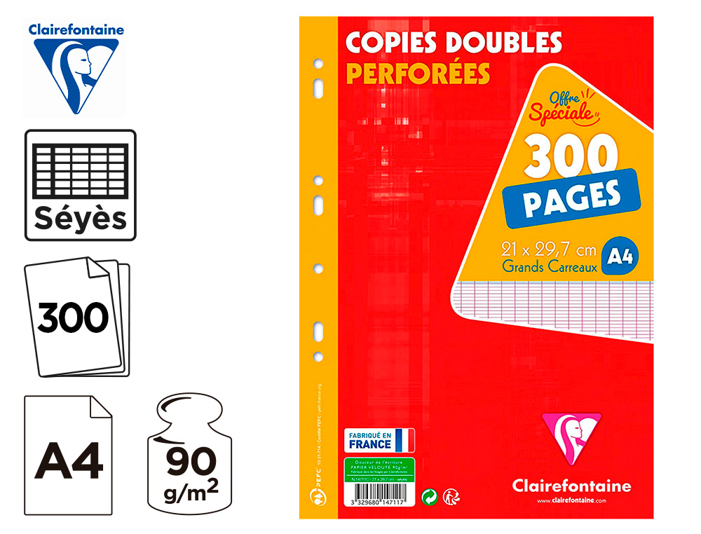 COPIE DOUBLE CLAIREFONTAINE A4 21X29,7CM PAPIER VELIN VELOUTE 300 PAGES 90G SEYES PERFOREES SOUS FILM COLORIS BLANC