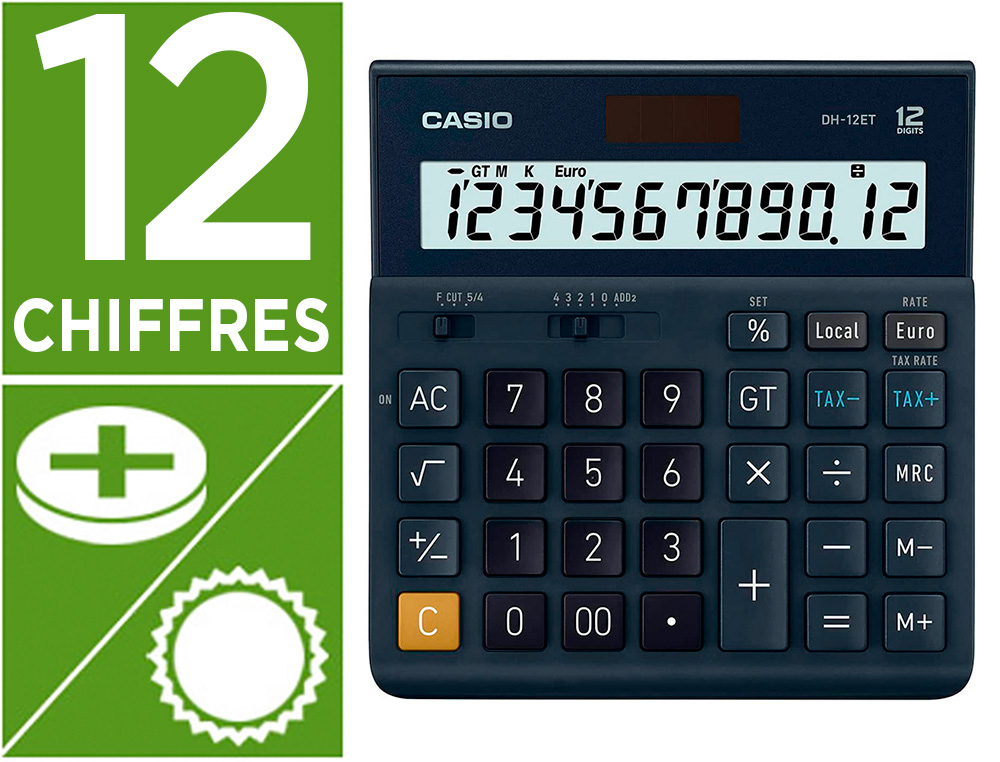 CALCULATRICE CASIO BUREAU DH12TER GRAN ECRAN 12         CHIFFRES EURO CONVERTISSEUR   MEMOIRE SOLAIRE/PILE COULEUR