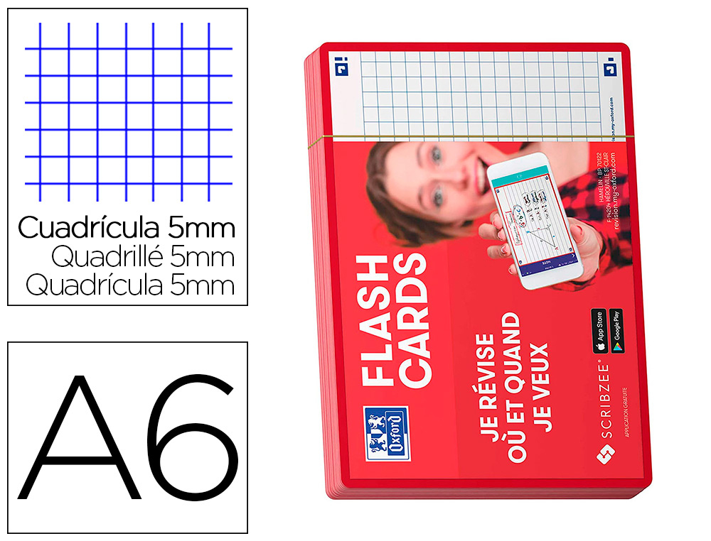 FICHES BRISTOL OXFORD REVISION 2.0 A6 NON PERFOREE  32 FICHES/FILM Q5X5 CADRE     ROUGE