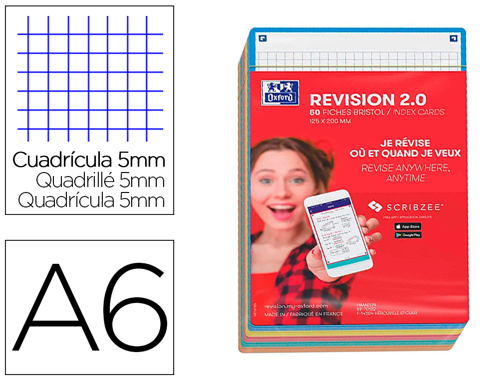 FICHES BRISTOL OXFORD REVISION 2.0 A6 NON PERFOREE  32 FICHES/FILM Q5X5 CARTON    ASSORTI
