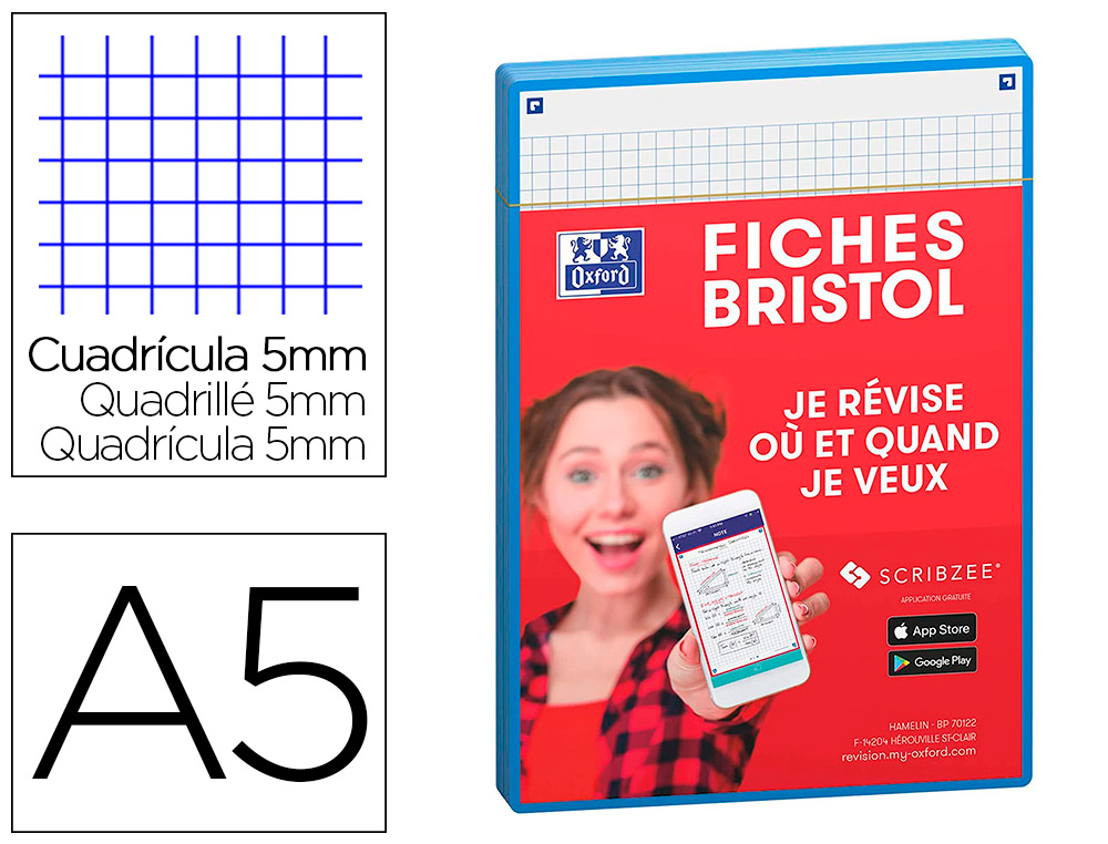 FICHES BRISTOL OXFORS REVISION 2.0 A5 PERFOREE  32  FICHES/FILM Q5X5 CADRE        TURQUOISE
