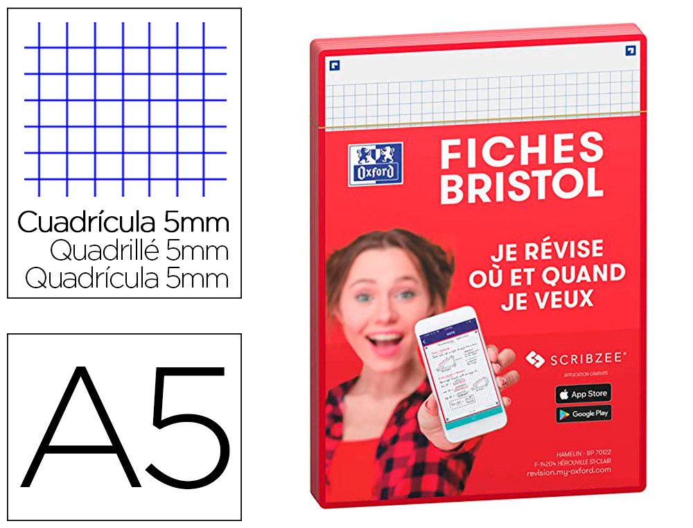 FICHES BRISTOL OXFORD REVISION 2.0 A5 PERFOREE  32  FICHES/FILM Q5X5 CADRE ROUGE