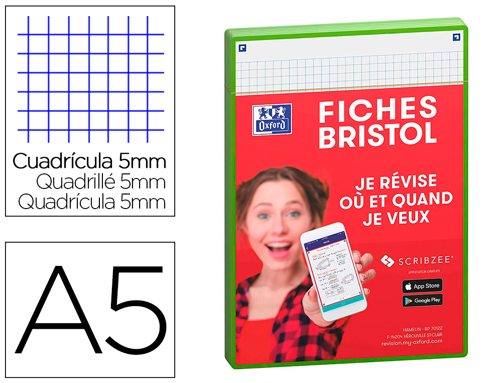 FICHES BRISTOL OXFORD REVISION 2.0 A5 PERFOREE 32   FICHES/FILM Q5X5 CADRE VERT