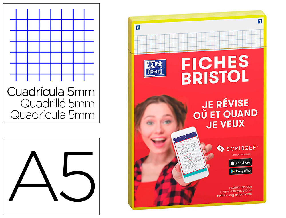 FICHES OXFORD BRISTOL REVISION 2.0 OXFORD A5        PERFOREE 32 FICHES/FILM Q5X5  CADRE JAUNE