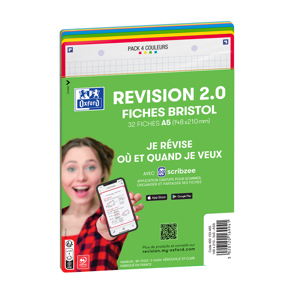 FICHES BRISTOL OXFORD REVISION 2.0 A5 PERFOREE 32   FICHES/FILM Q5X5 COULEUR      ASSORTIES