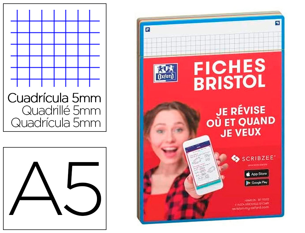 FICHES BRISTOL OXFORD REVISION 2.0 A5 PERFOREE 32   FICHES/FILM Q5X5 CARTON       ASSORTI
