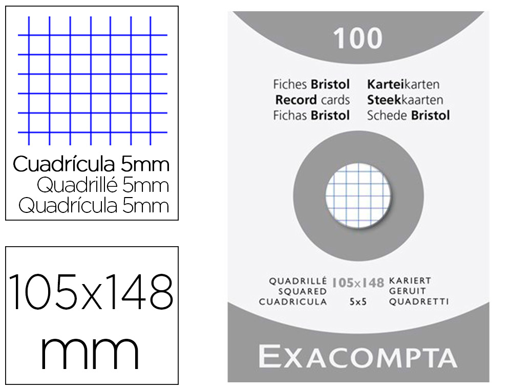 ETUI 100 FICHES EXACOMPTA BRISTOL QUADRILLEE 5X5 NON    PERFOREE BLANC 105X148MM