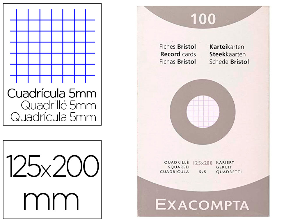 ETUI 100 FICHES EXACOMPTA BRISTOL QUADRILLEE 5X5 NON    PERFOREE BLANC 125X200MM