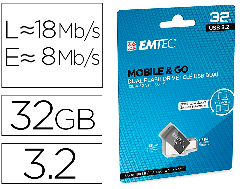 CLE USB EMTEC DUAL USB3.2 TO TYPE-C T260 32GB