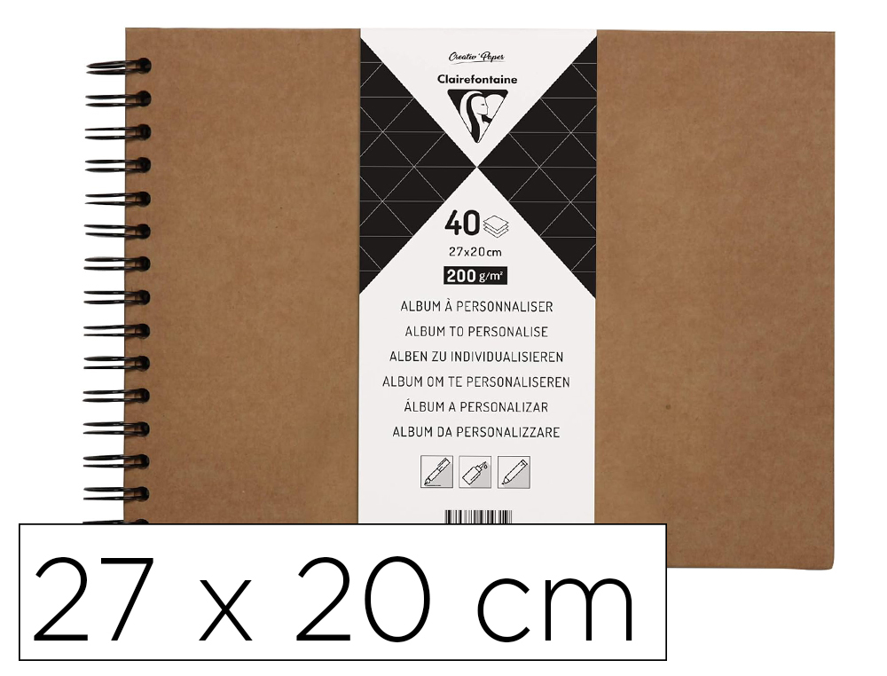 ALBUM A PERSONNALISER CLAIREFONTAINE COUVERTURE RIGIDE RELIURE INTEGRALE NOIRE 27X20CM 40 FEUILLES 200G COLORIS KRAFT