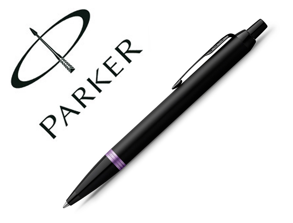 STYLO BILLE PARKER IM VIBRANT RINGS NOIR LAQUE DETAILS      AMETHYSTE POINTE MOYENNE      ENCRE BLEU ETUI CADEAU