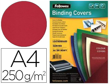 COUVERTURE FELLOWES GRAIN CUIR 250G FORMAT A4 COLORIS ROUGE FONC PAQUET 100 UNITS