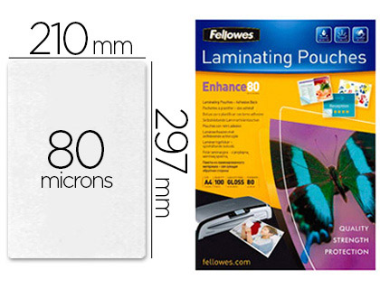 POCHETTE PLASTIFICATION FELLOWES  CHAUD POLYESTER TRANSPARENT RSISTANT EAU FORMAT A4 80 MICRONS DOS ADHSIF BOTE 100U