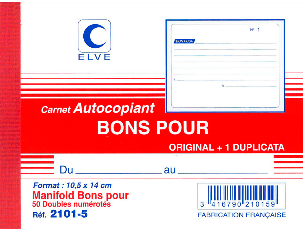 MANIFOLD ELVE AUTOCOPIANT 140X105MM FOLIOTAGE 50 DUPLIS BONS POUR