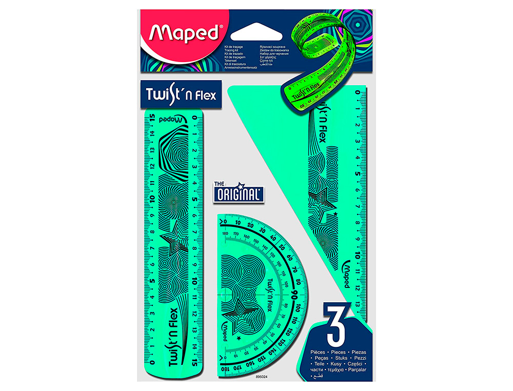 KIT MAPED TWIST'N'FIX 3 PICES SOUPLE INCASSABLE RGLE 15 CM QUERRE 60 DEGRS 15CM RAPPORTEUR 180 DEGRS 10CM ASSORTIS