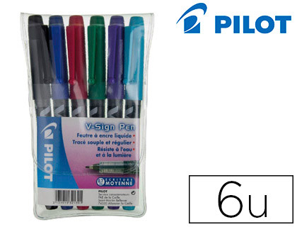 STYLO-FEUTRE PILOT V SIGN PEN CRITURE MOYENNE 0.6MM POINTE FIBRE POLYESTER ENCRE INTENSE LIQUIDE POCHETTE 6 UNITS