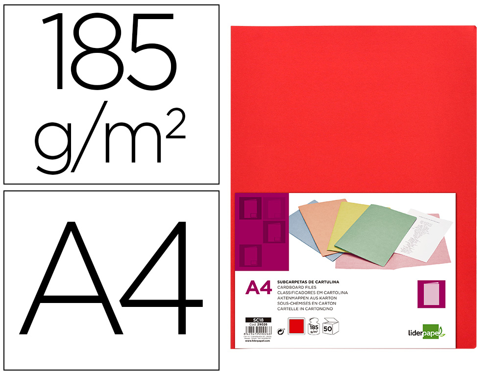SOUS-CHEMISE LIDERPAPEL PAPIER CARTONN 180G 310X230MM DOCUMENT A4 210X297MM COLORIS PASTEL ROUGE INTENSE