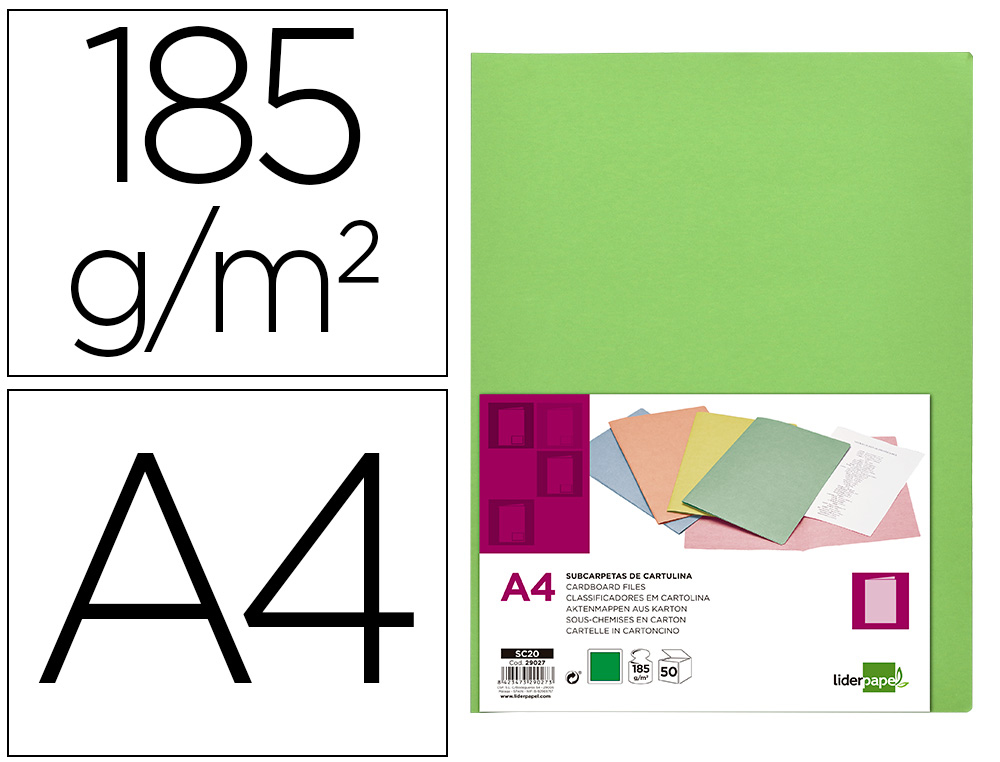 SOUS-CHEMISE LIDERPAPEL PAPIER CARTONN 180G 310X230MM DOCUMENT A4 210X297MM COLORIS PASTEL VERT INTENSE