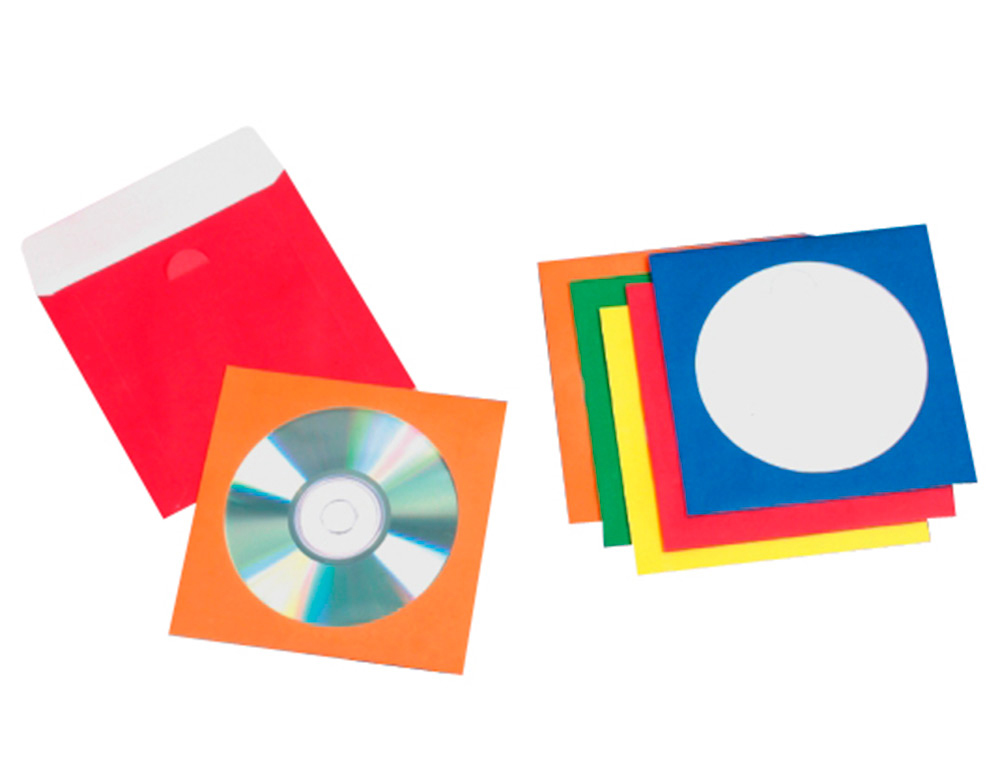 POCHETTE PAPIER Q-CONNECT CD COULEURS ASSORTIES FENTRE RABAT AUTO-ADHSIF PAQUET 50U