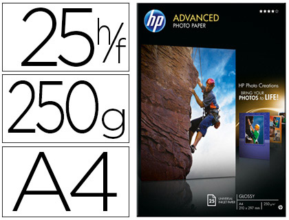 PAPIER PHOTO HP ADVANCED JET D'ENCRE GLAC BRILLANT LONGVIT DES COULEURS A4 250G/M2 PAQUET 25 FEUILLES