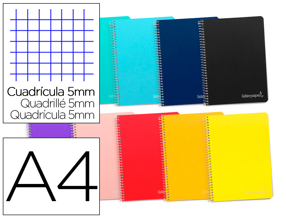 CAHIER SPIRALE LIDERPAPEL WITTY A4 280P 75G/M2 5X5MM 4  TROUS MICROPERFORE COIL-LOCK  COLORIS ASSORTIS