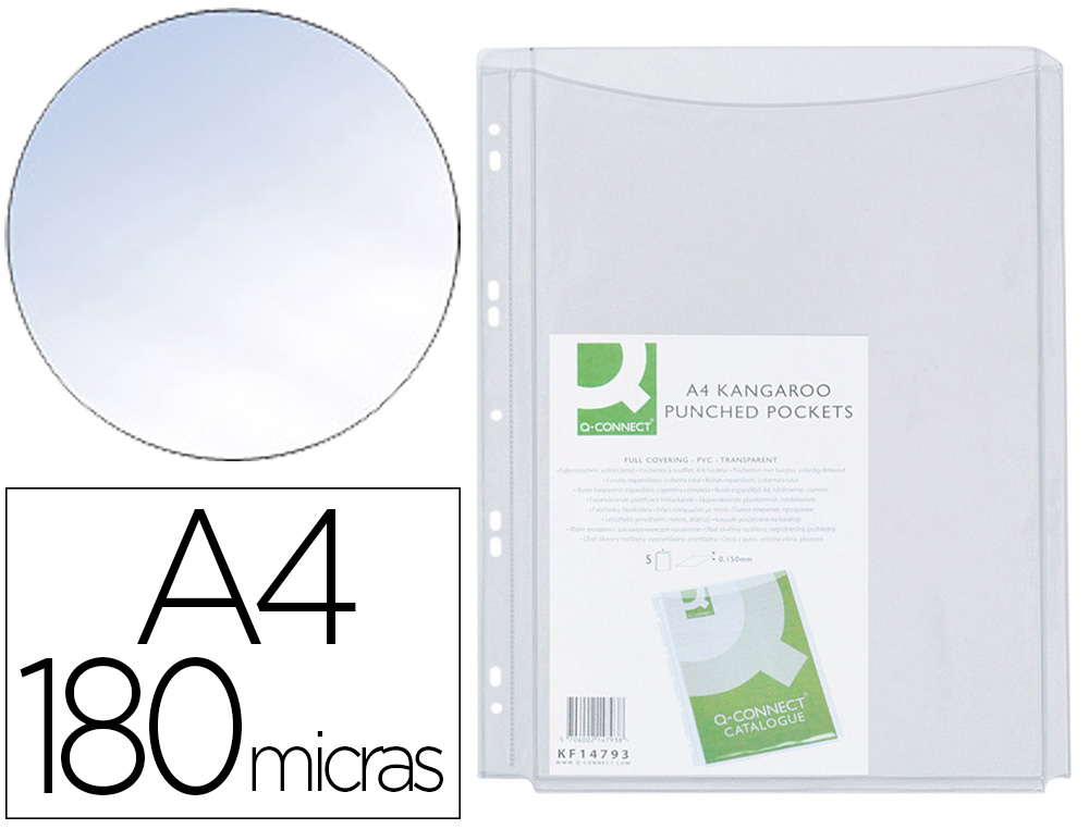 POCHETTE Q-CONNECT PVC 18/100E PERFORE SOUFFLET CAPACIT 100F PLAN A4 SACHET 5 UNITS