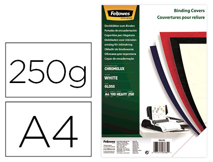COUVERTURE FELLOWES CHROMOLUX BRISTOL GLAC 250G FORMAT A4 COLORIS BLANC PAQUET 100 UNITS