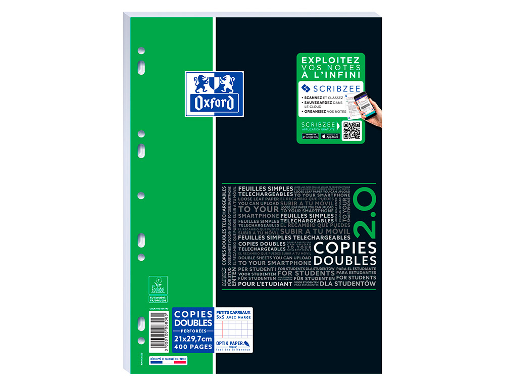 COPIES DOUBLES PERFORES 210X297 TUDIANT 400P 90G     QUADRILL 5X5 APPLICATION     SCRIBZEE PRSENTOIR DE 20U