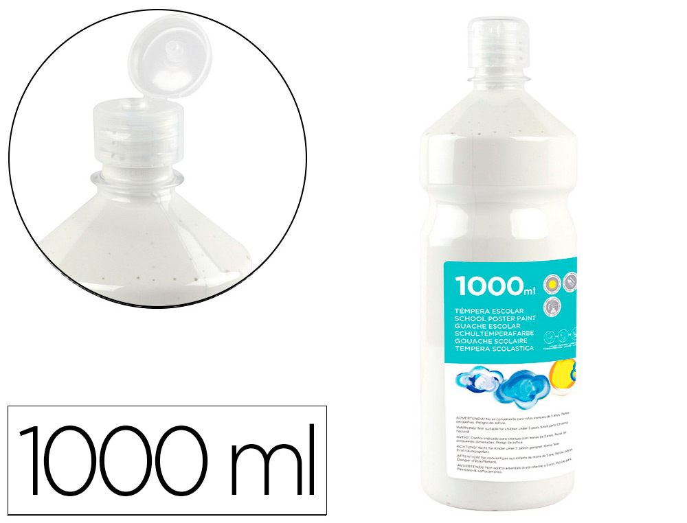 GOUACHE SCOLAIRE LIDERPAPEL LIQUIDE LAVABLE FERMETURE SCURIT BRILLANTE COLORIS BLANC FLACON 1000ML