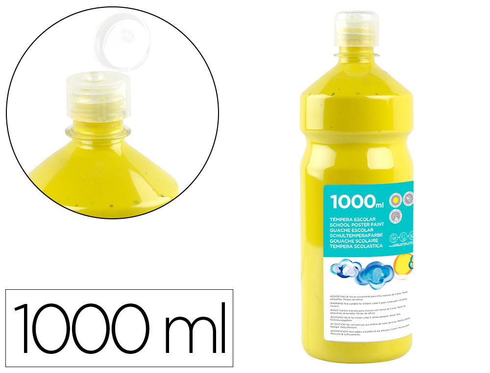 GOUACHE SCOLAIRE LIDERPAPEL LIQUIDE LAVABLE FERMETURE SCURIT BRILLANTE COLORIS JAUNE CITRON FLACON 1000ML