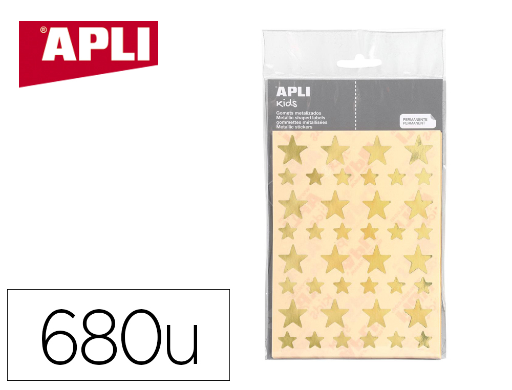 GOMMETTES APLI KIDS FORME ETOILES TAILLES ASSORTIES     COLORIS OR METALLISE 17       FEUILLES 680 UNITES