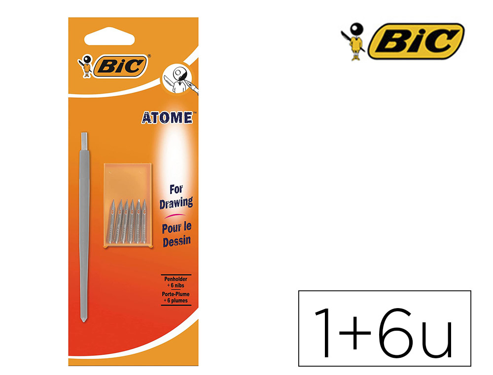 PORTE-PLUME BIC ATOME DESSIN ET CALLIGRAPHIE CORPS COLORIS ASSORTIS BLISTER 1 UNITE + 6  PLUMES