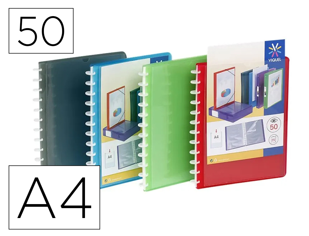 PORTE-VUES VIQUEL PROPYGLASS PP TRANSLUCIDE 5/100E A4 50 VUES COUVERTURE PERSONNALISABLE COLORIS ASSORTIS ALEATOIRES