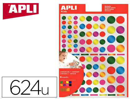 GOMMETTE APLI KIDS PERMANENTE RONDE COULEURS MTAL ASSORTIES POCHETTE 160X216MM 624 UNITS