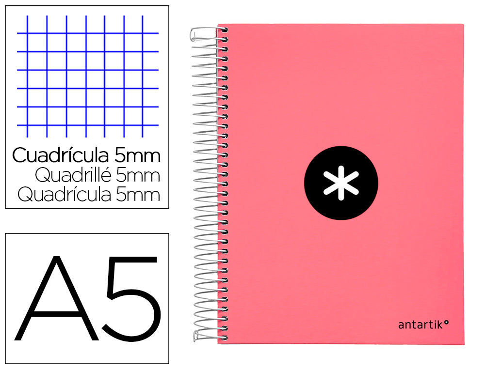 CAHIER SPIRALE LIDERPAPEL ANTARTIK A5 240P 100G REMBORD QUADRILLAGE 5MM MICROPERFOR 5 BANDES 6 TROUS COLORIS CORAIL
