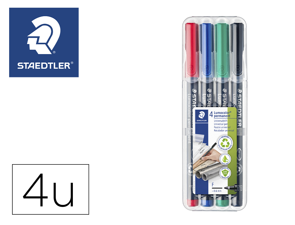 STYLO-FEUTRE STAEDTLER LUMOCOLOR PERMANENT POINTE FINE 0.6MM MULTI-SUPPORTS SCHAGE IMMDIAT RSISTANT EAU POCHETTE 4U