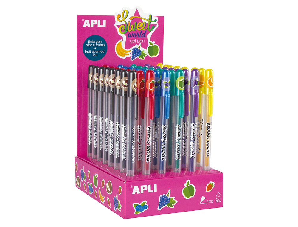 PRESENTOIR DE 48 STYLOS APLI SWEET WORLD ECRITURE GEL 1MM  AVEC ODEUR A FRUIT COLORIS ET PARFUMS ASSORTIS