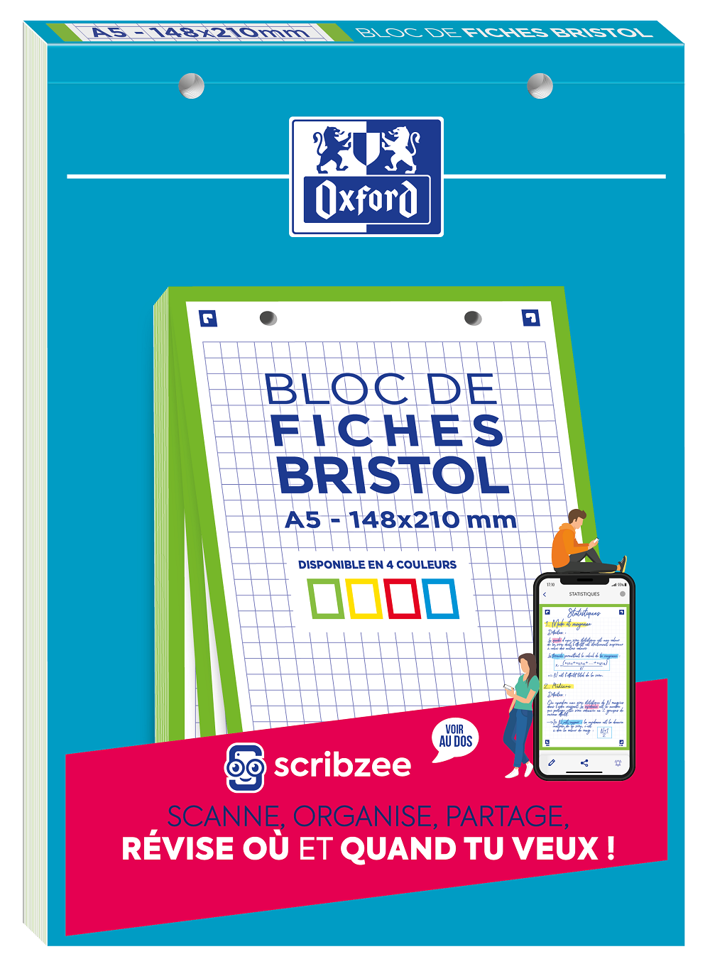 CAHIER DE FICHES BRISTOL 2.0 OXFORD A5 14,8X21CM 5X5MM COULEUR 30 UNITS
